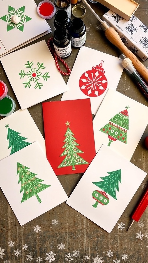Handmade Christmas cards with lino print designs on a crafting table.